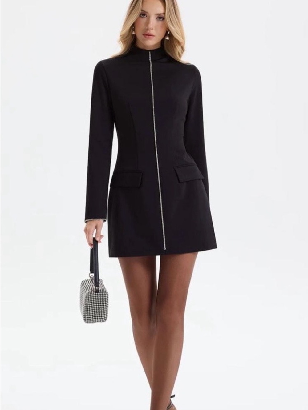 COMMENSE Rhinestone Trim Mock Neck Mini Dress - Black - Size Med- NWT